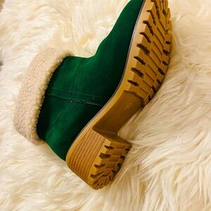 Green Suede Boots with Shearling Lining and Label Patch for CUSTOM Details